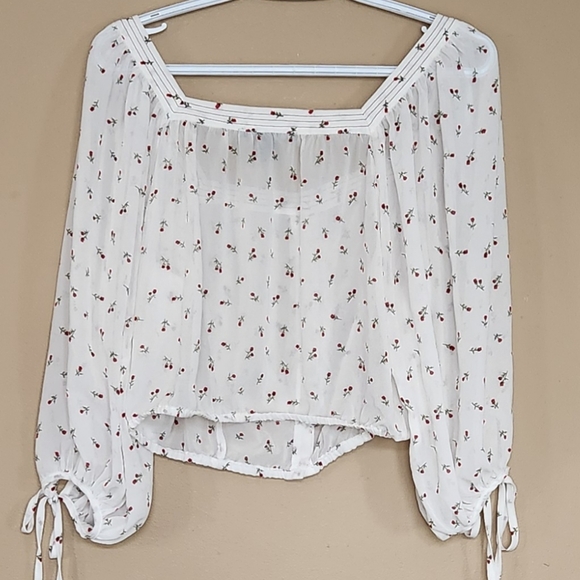 Women’s Forever21 Mesh White With Red Roses Cropped Blouse Buttons In Front Sz L - Picture 2 of 7